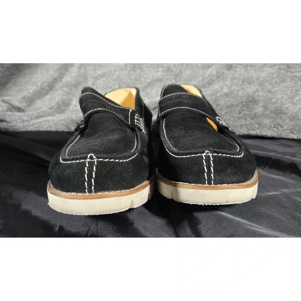 Girotti Black Suede Penny Loafers White Contrast Stitching Wedge Sole Mens EU 43